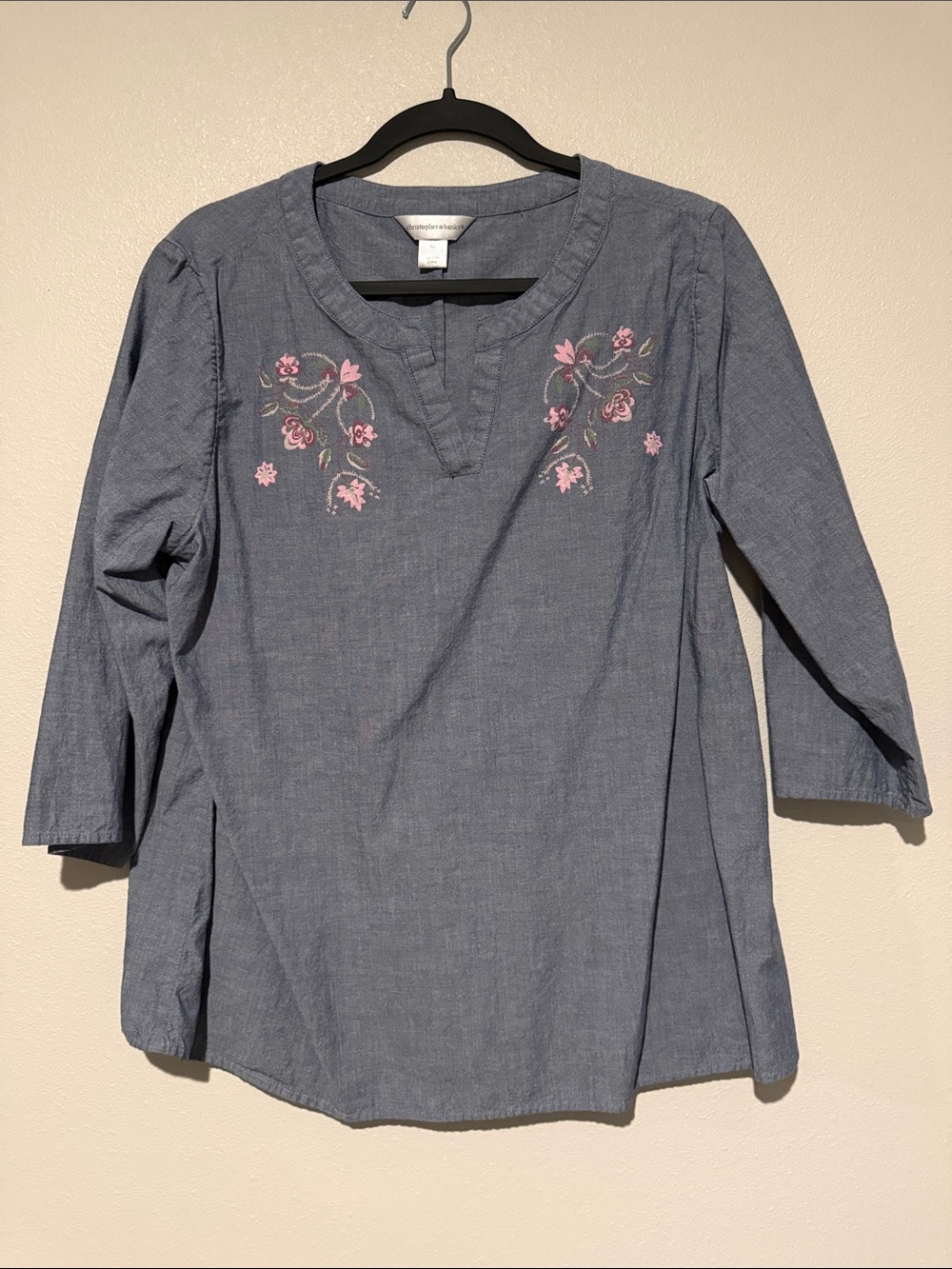 Women’s Embroidered Chambray Tunic Top - Blue with Pink Floral